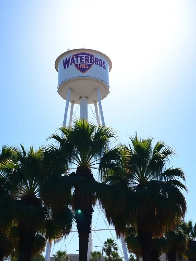 A vibrant photo showcasing the iconic Warner Bros. water tower, with clear blue skies and palm trees in the background, emphasizing the studio's classic Hollywood charm.