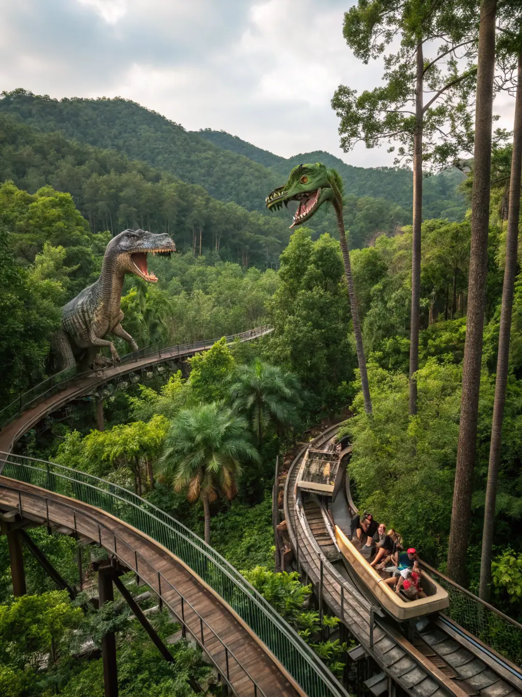 A thrilling photo of the 'Jurassic World' ride at Universal Studios, featuring a massive Indominus Rex animatronic and splashing water, highlighting the ride's intensity.