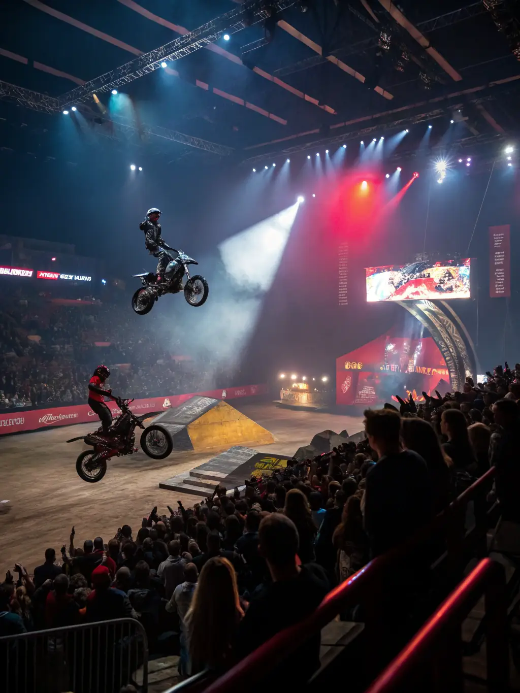 A dynamic image capturing the excitement of the 'WaterWorld' show at Universal Studios, featuring explosions, stunts, and a large crowd of cheering spectators.